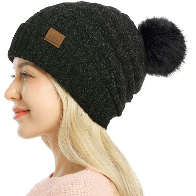 Skullies & Beanies Womens Slouchy Chenille Detachable - Black-d - CO18WWC98KH $12.67