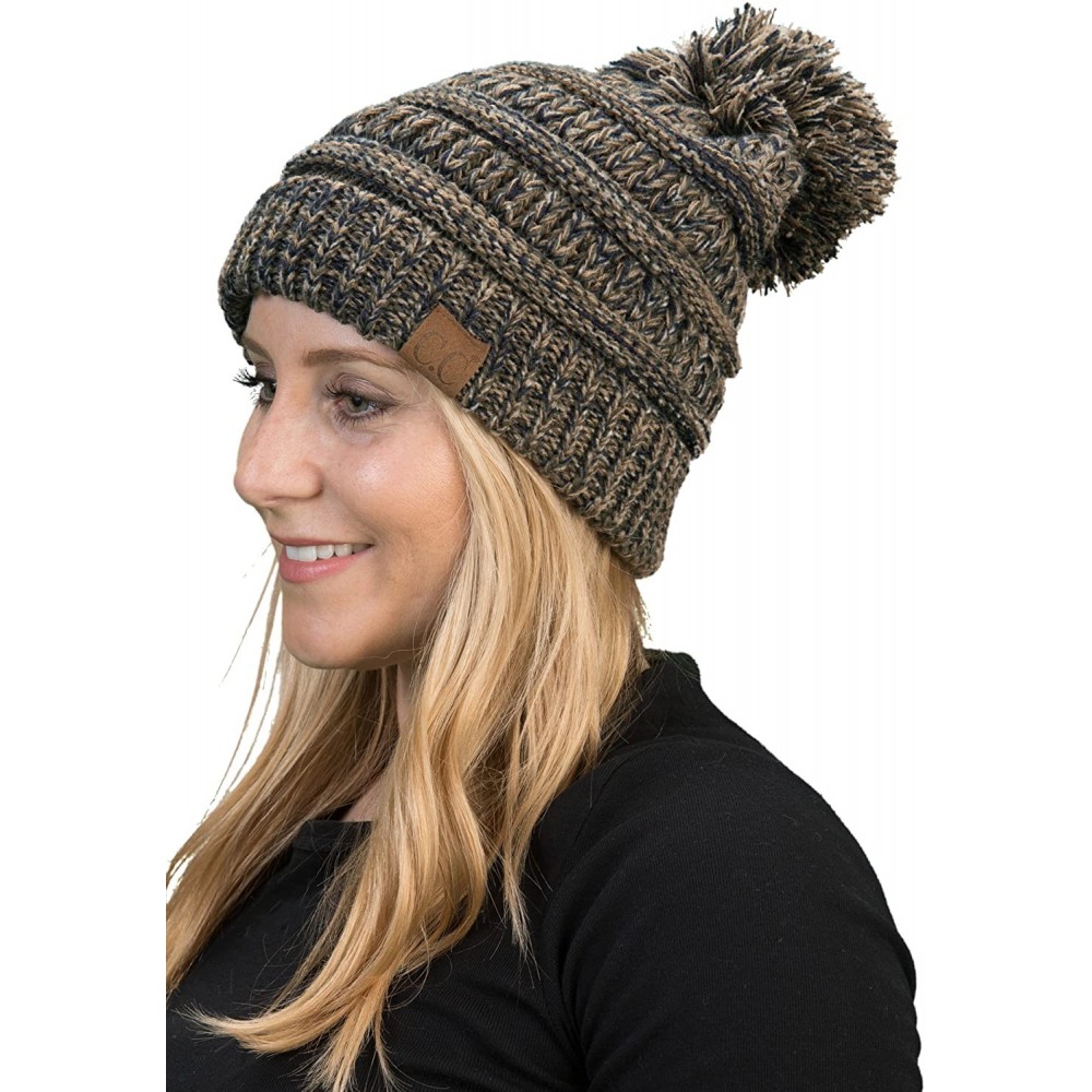 Skullies & Beanies Chunky Marled Cable Knit Warm Soft Multicolored Pom Beanie Hat - 4 Tone Mix - Brown- Camel- Grey- Ivory - ...