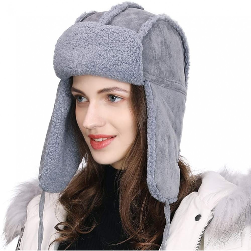 Bomber Hats Ladies Earflap Trapper Hat Faux Fur Hunting Hat Fleece Lined Thick Knitted - 00781_gray - CQ18YR2YU49 $25.02