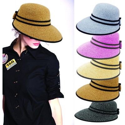 Sun Hats Straw Packable Sun Hat with Black Sash- Wide Front Brim and Smaller Back - Khaki - CR182HDYEMR $14.46