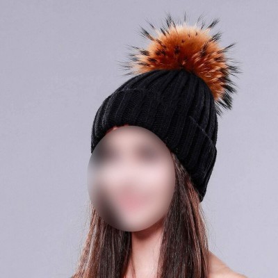 Skullies & Beanies Knitted Real Fur Hat 100% Real Raccoon Fur Pom Pom Hat Winter Women Hat Beanie for Women - Pink - CF18LZ96...