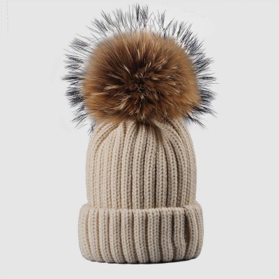 Skullies & Beanies Knitted Real Fur Hat 100% Real Raccoon Fur Pom Pom Hat Winter Women Hat Beanie for Women - Pink - CF18LZ96...