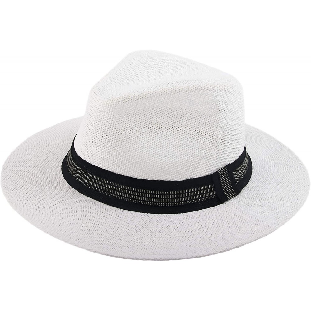 Fedoras Sun Straw Wide Brim Beach Summer Fedora Classic Panama Hat - White-black Band - CB18NL33GT9 $9.82