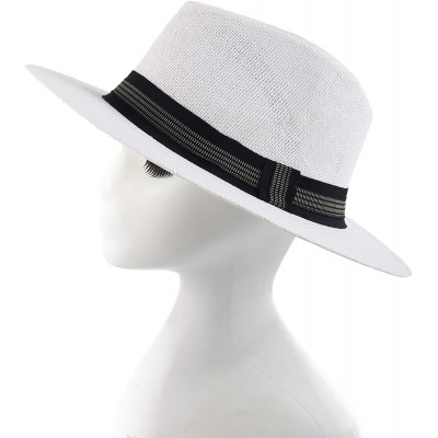 Fedoras Sun Straw Wide Brim Beach Summer Fedora Classic Panama Hat - White-black Band - CB18NL33GT9 $9.82