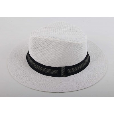 Fedoras Sun Straw Wide Brim Beach Summer Fedora Classic Panama Hat - White-black Band - CB18NL33GT9 $9.82