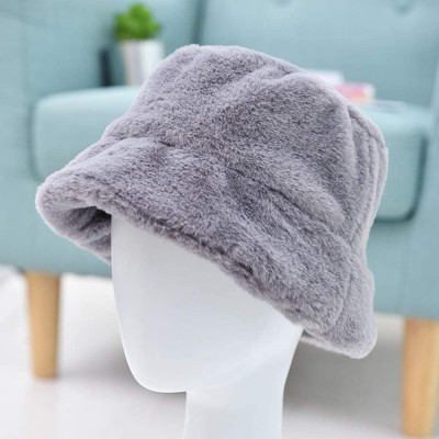 Bucket Hats Women Faux Fur Bucket Cap Bush Hat Wide Brim Fluffy Winter Vintage Super Soft Hat - Grey - CJ192SZEZC7 $15.96