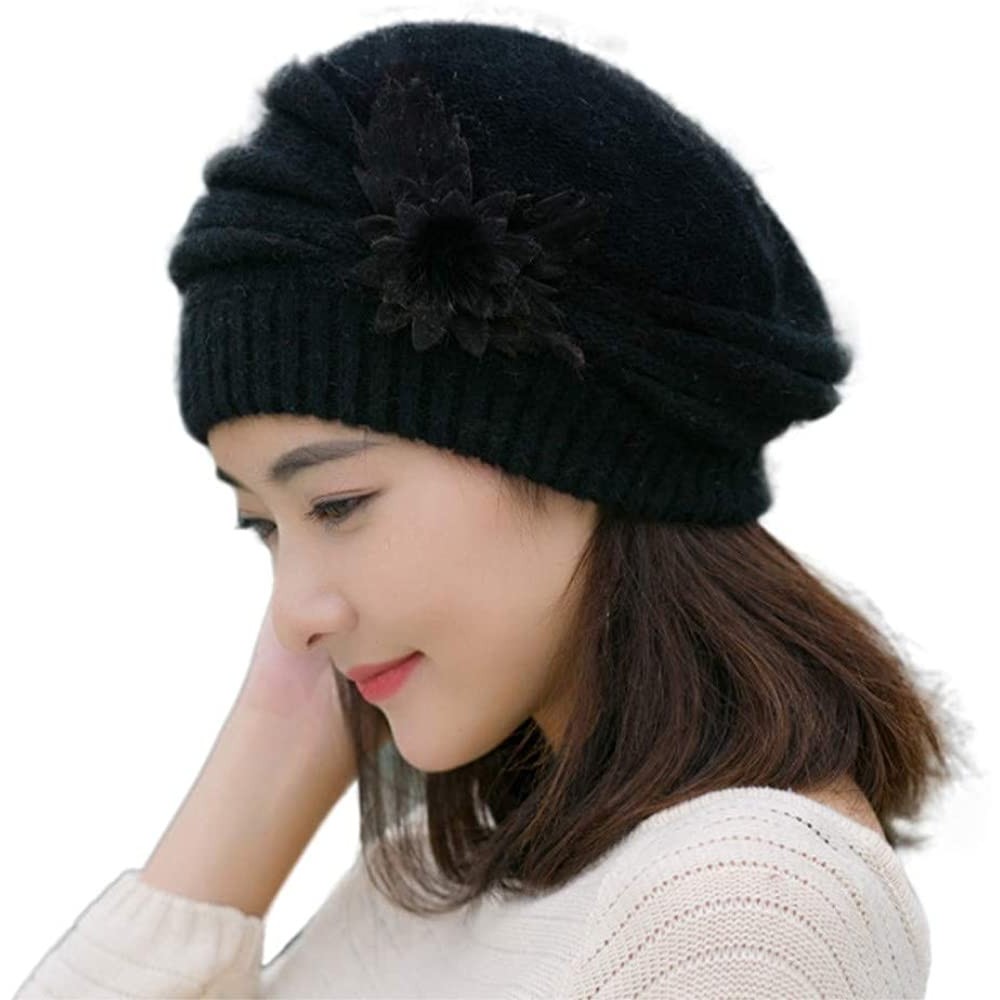 Berets Women Winter Warm Cap Knit Hat Beret Wool Snow Ski Caps Visor - Black - C518M4XT9HU $12.74