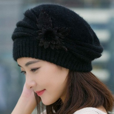 Berets Women Winter Warm Cap Knit Hat Beret Wool Snow Ski Caps Visor - Black - C518M4XT9HU $12.74