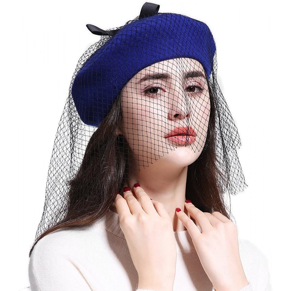 Berets Women's Franch Inspired Wool Felt Beret Hat with Veil Cocktail Hat - Bow-royal Blue - CF187QGIW80 $13.40