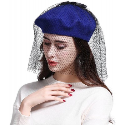 Berets Women's Franch Inspired Wool Felt Beret Hat with Veil Cocktail Hat - Bow-royal Blue - CF187QGIW80 $13.40