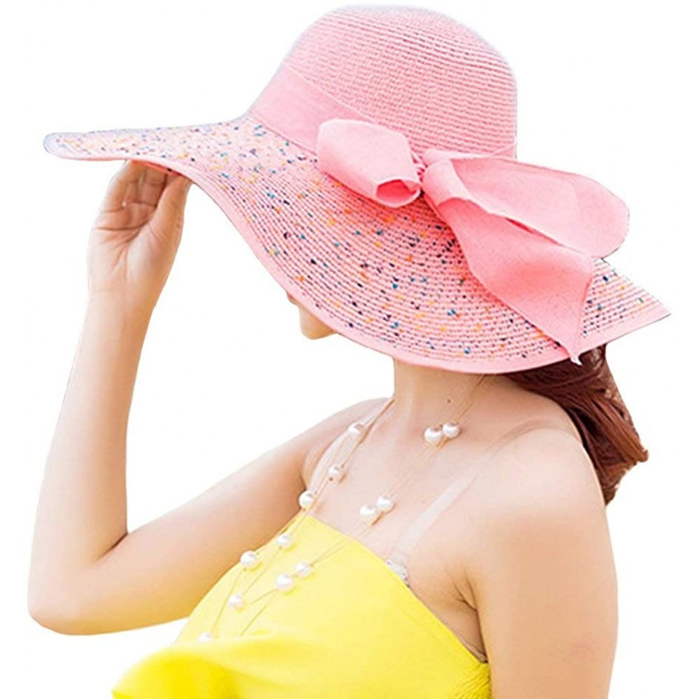 Sun Hats Women's Big Bowknot Straw Sun Hat Floppy Foldable Roll up UV 50+ Beach Cap - Pink-style B - CX18STNEE8M $11.31