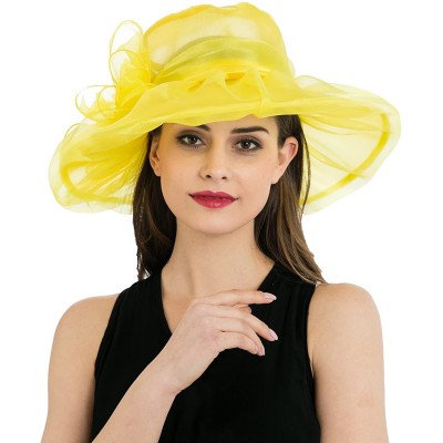 Sun Hats Women's Colorful Organza Kentucky Wide Brim Bow Derby Sun Hat - Yellow - C212GSWKQEP $10.47