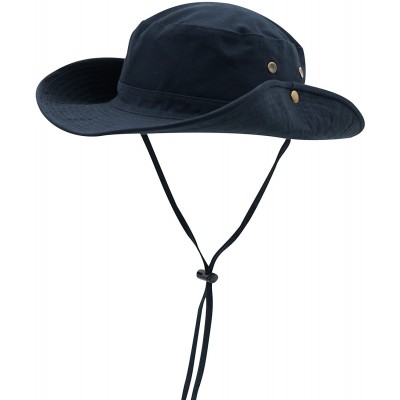 Sun Hats Women Fishing Sun Hat Wide Brim Breathable Cotton Safari Hat with Strap - Navy Blue - CD18R4ODCEG $12.60