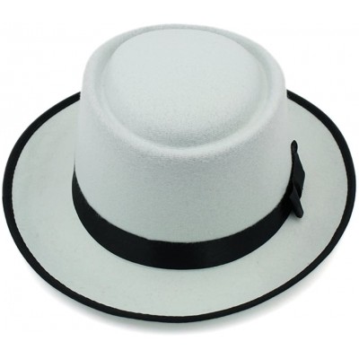 Fedoras Unisex Felt Pork Pie Cap Porkpie Hat Upturn Short Brim Black Ribbon Band - Beige - CG182MEKX0D $8.22