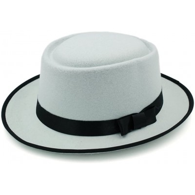 Fedoras Unisex Felt Pork Pie Cap Porkpie Hat Upturn Short Brim Black Ribbon Band - Beige - CG182MEKX0D $8.22