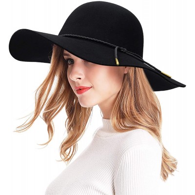 Fedoras Women's Wide Brim Wool Ribbon Band Floppy Hat - Braided Band_black - C818A8ETLK5 $26.44