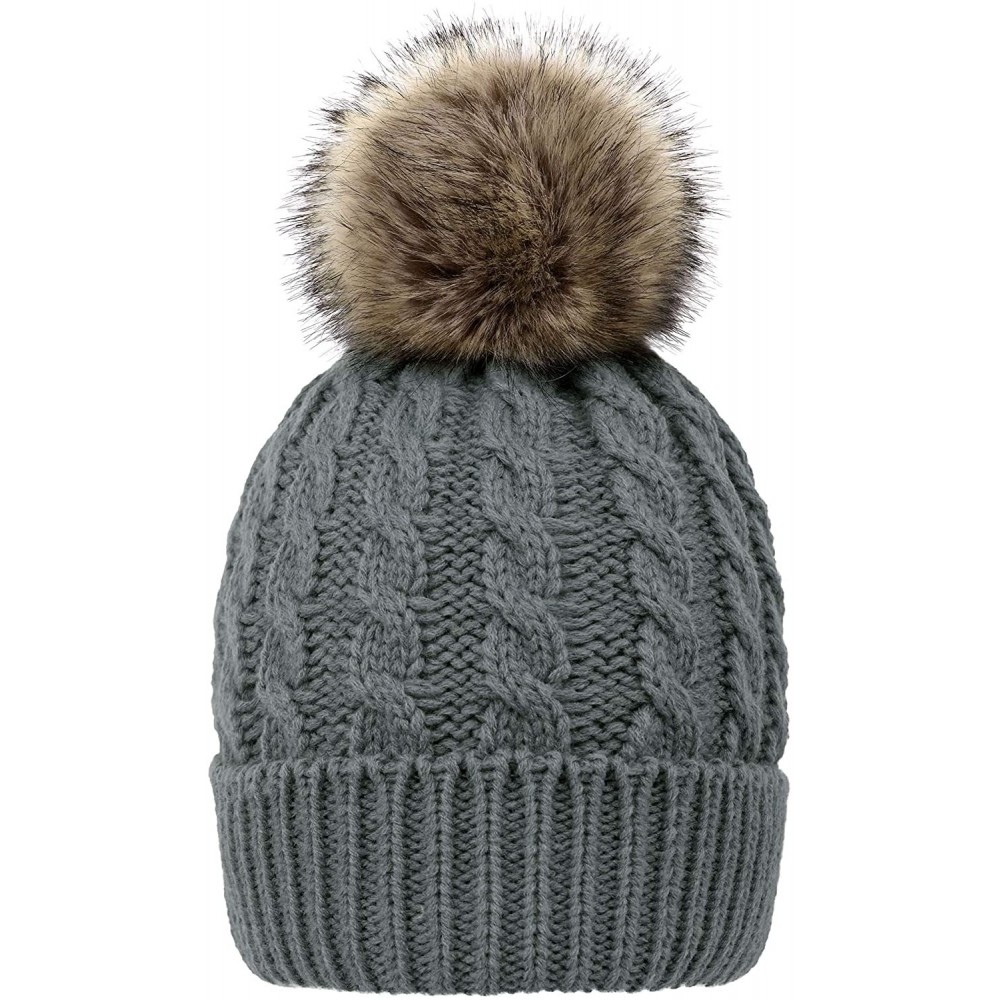 Skullies & Beanies Women's Winter Soft Knit Beanie Hat with Faux Fur Pom Pom - Fleece Lined_grey - C318S8W3UMS $15.93