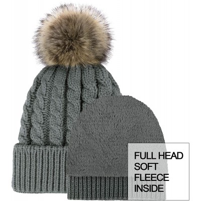 Skullies & Beanies Women's Winter Soft Knit Beanie Hat with Faux Fur Pom Pom - Fleece Lined_grey - C318S8W3UMS $15.93