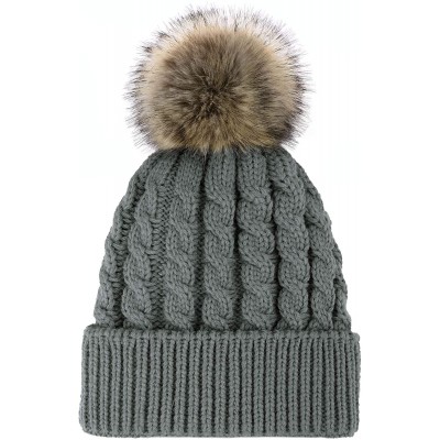 Skullies & Beanies Women's Winter Soft Knit Beanie Hat with Faux Fur Pom Pom - Fleece Lined_grey - C318S8W3UMS $15.93