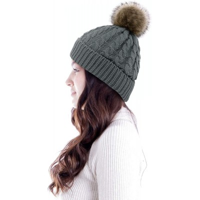 Skullies & Beanies Women's Winter Soft Knit Beanie Hat with Faux Fur Pom Pom - Fleece Lined_grey - C318S8W3UMS $15.93