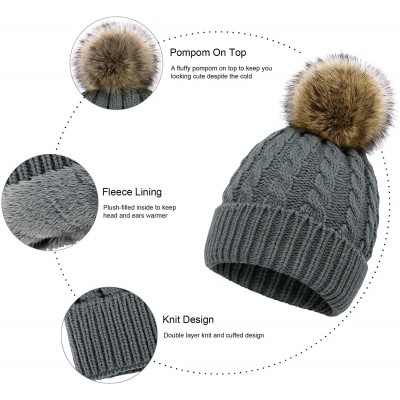 Skullies & Beanies Women's Winter Soft Knit Beanie Hat with Faux Fur Pom Pom - Fleece Lined_grey - C318S8W3UMS $15.93