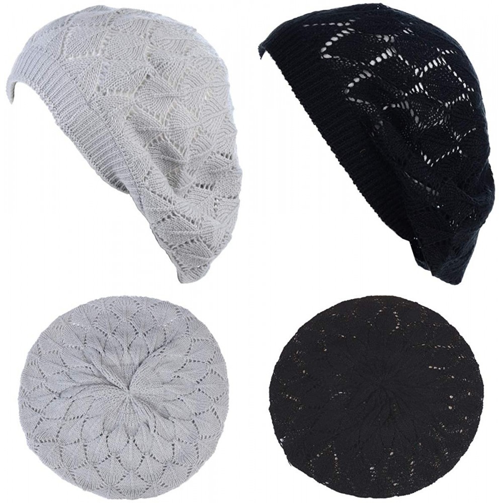 Berets Chic Soft Knit Airy Cutout Lightweight Slouchy Crochet Beret Beanie Hat - 2-pack-silver & Black Leafy - C918Q44DIID $1...