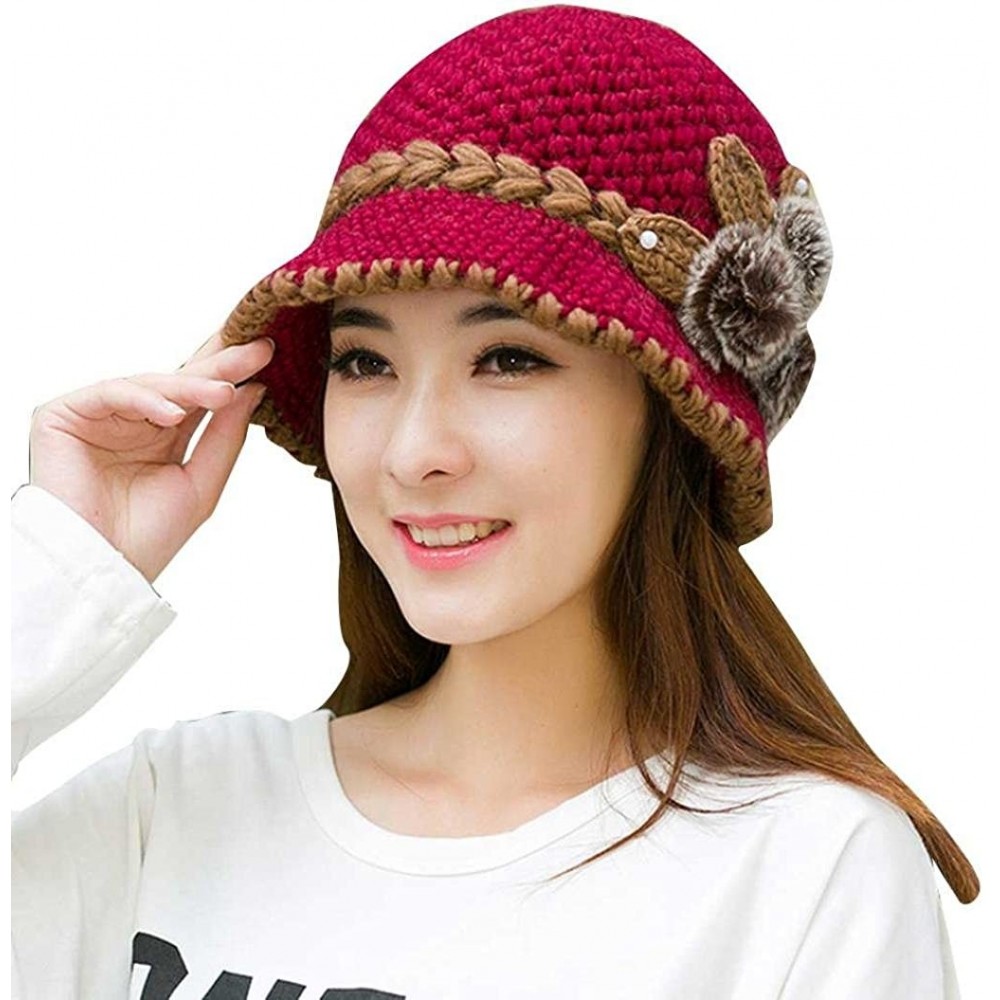 Skullies & Beanies Fashion Women Lady Winter Warm Crochet Knitted Flowers Decorated Ears Hat - Hot Pink - CB186W24Q25 $8.69