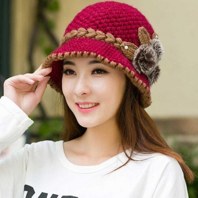 Skullies & Beanies Fashion Women Lady Winter Warm Crochet Knitted Flowers Decorated Ears Hat - Hot Pink - CB186W24Q25 $8.69