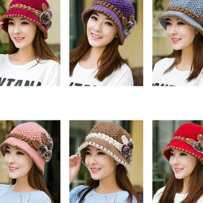 Skullies & Beanies Fashion Women Lady Winter Warm Crochet Knitted Flowers Decorated Ears Hat - Hot Pink - CB186W24Q25 $8.69