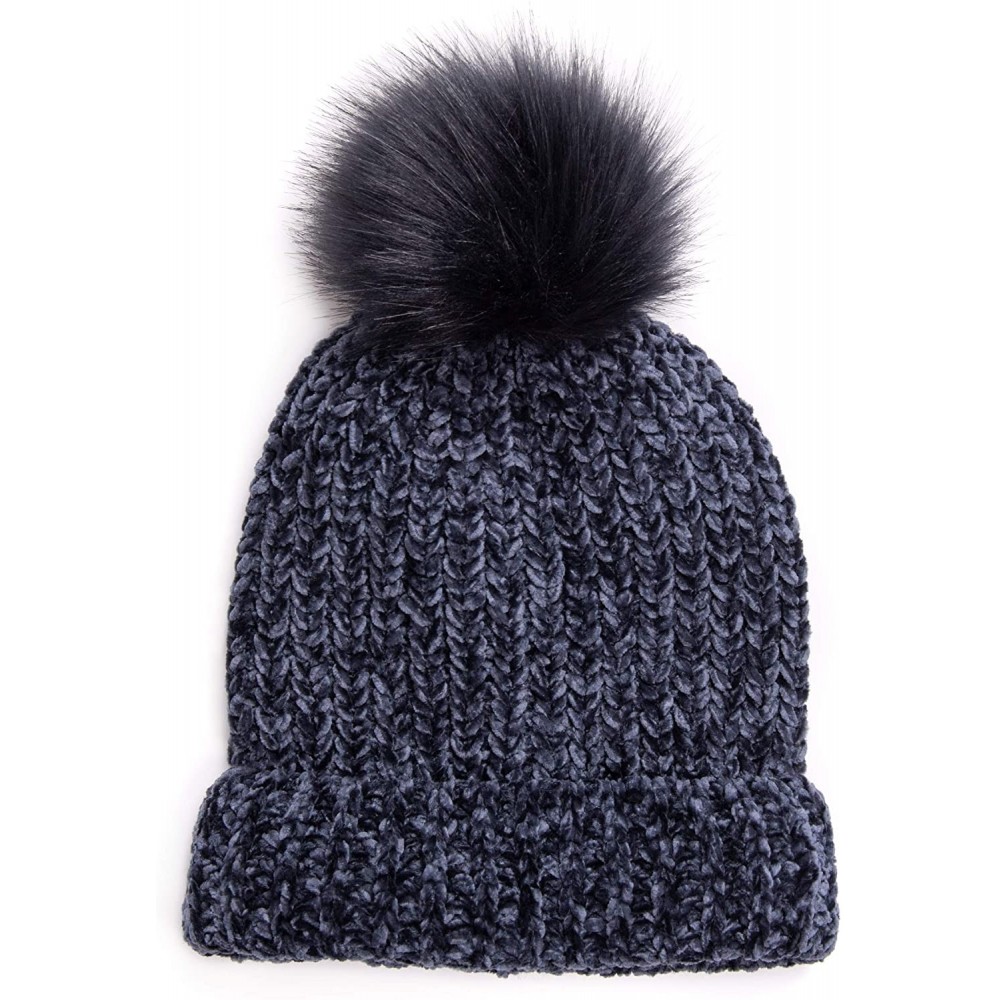 Skullies & Beanies Women's Chenille Pom Cuff Cap - Navy - C918W3KCCM6 $12.37