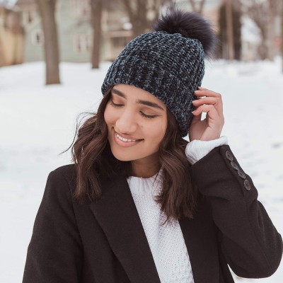 Skullies & Beanies Women's Chenille Pom Cuff Cap - Navy - C918W3KCCM6 $12.37