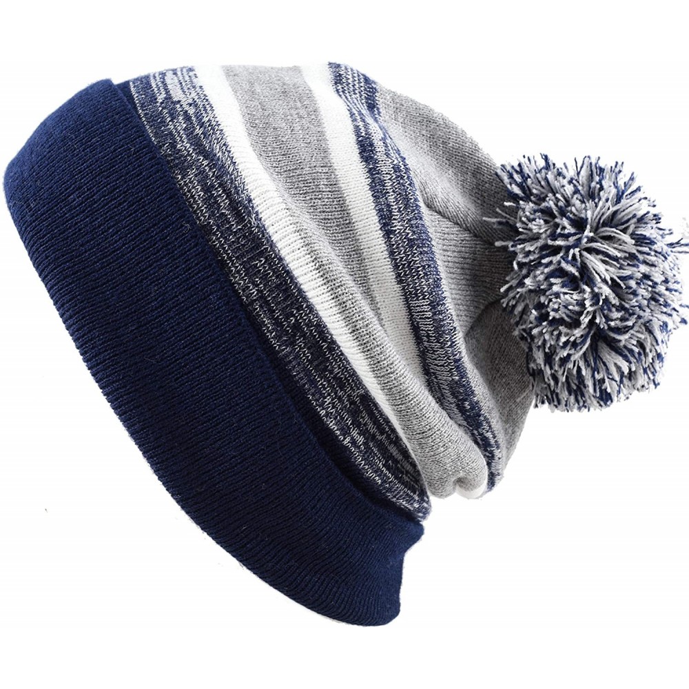 Skullies & Beanies Winter Soft Unisex Cuff Pom Pom Stripe Knit Beanie Skull Slouch Hat - Navy-grey - C218ISZDDCZ $8.60