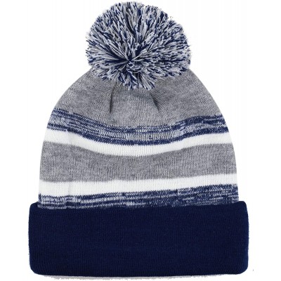 Skullies & Beanies Winter Soft Unisex Cuff Pom Pom Stripe Knit Beanie Skull Slouch Hat - Navy-grey - C218ISZDDCZ $8.60