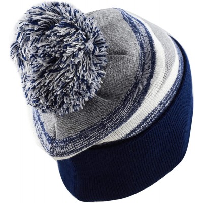 Skullies & Beanies Winter Soft Unisex Cuff Pom Pom Stripe Knit Beanie Skull Slouch Hat - Navy-grey - C218ISZDDCZ $8.60