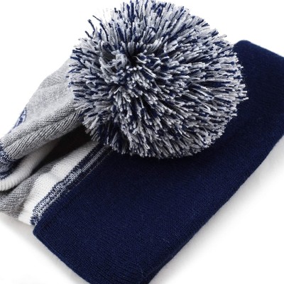 Skullies & Beanies Winter Soft Unisex Cuff Pom Pom Stripe Knit Beanie Skull Slouch Hat - Navy-grey - C218ISZDDCZ $8.60