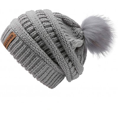 Skullies & Beanies Winter Real Fur Pom Pom Beanie Warm Oversized Chunky Cable Knit Slouch Beanie Hats for Women - Soft Grey -...