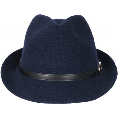 Fedoras Women Knitted Small Brim Slim Faux Leather Belted Fedora Hat - Indigo Blue - CQ186AO2CQN $34.00