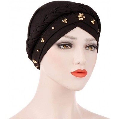 Skullies & Beanies Twisted Beading Braid Chemo Cancer Turbans Cap Hair Cover Wrap Turban Hats Headwear for Women - Black - C8...