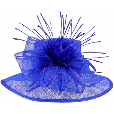 Sun Hats Reverse Duck Feathers Flower Large Brim Fashion Sinamay Hat - Blue - CQ18R4U4L7E $48.94