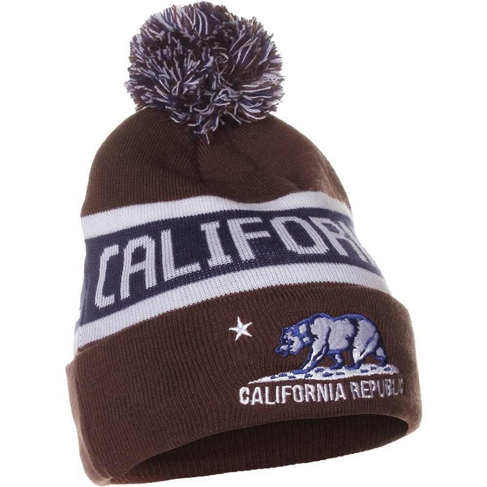 Skullies & Beanies Unisex California Republic Bear Cuff Pom Pom Beanie Knit Hat Cap - Brown Blue - CI11H9VPWVR $9.69