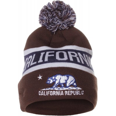 Skullies & Beanies Unisex California Republic Bear Cuff Pom Pom Beanie Knit Hat Cap - Brown Blue - CI11H9VPWVR $9.69