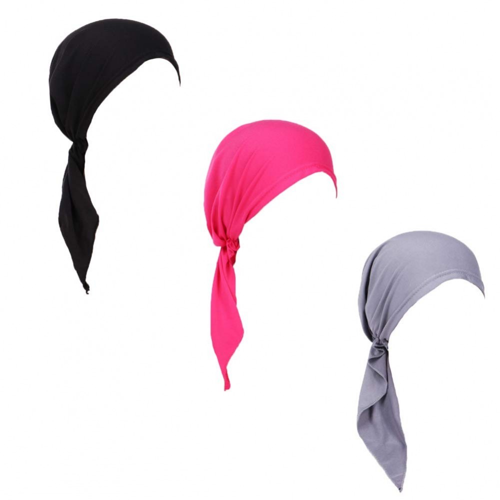 Skullies & Beanies Pre tied Head Scarves 3 Packed Slip On Beanies Chemo Covers Cap for Women (D3-Long Strap-3 packed) - CF196...