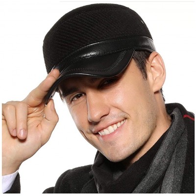 Newsboy Caps Men Winter Wool Leather Military Hats Newsboy Baseball Cap with Earflap - Black - CD18WMHZRUT $13.63