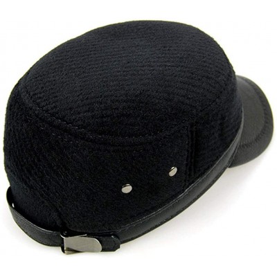 Newsboy Caps Men Winter Wool Leather Military Hats Newsboy Baseball Cap with Earflap - Black - CD18WMHZRUT $13.63