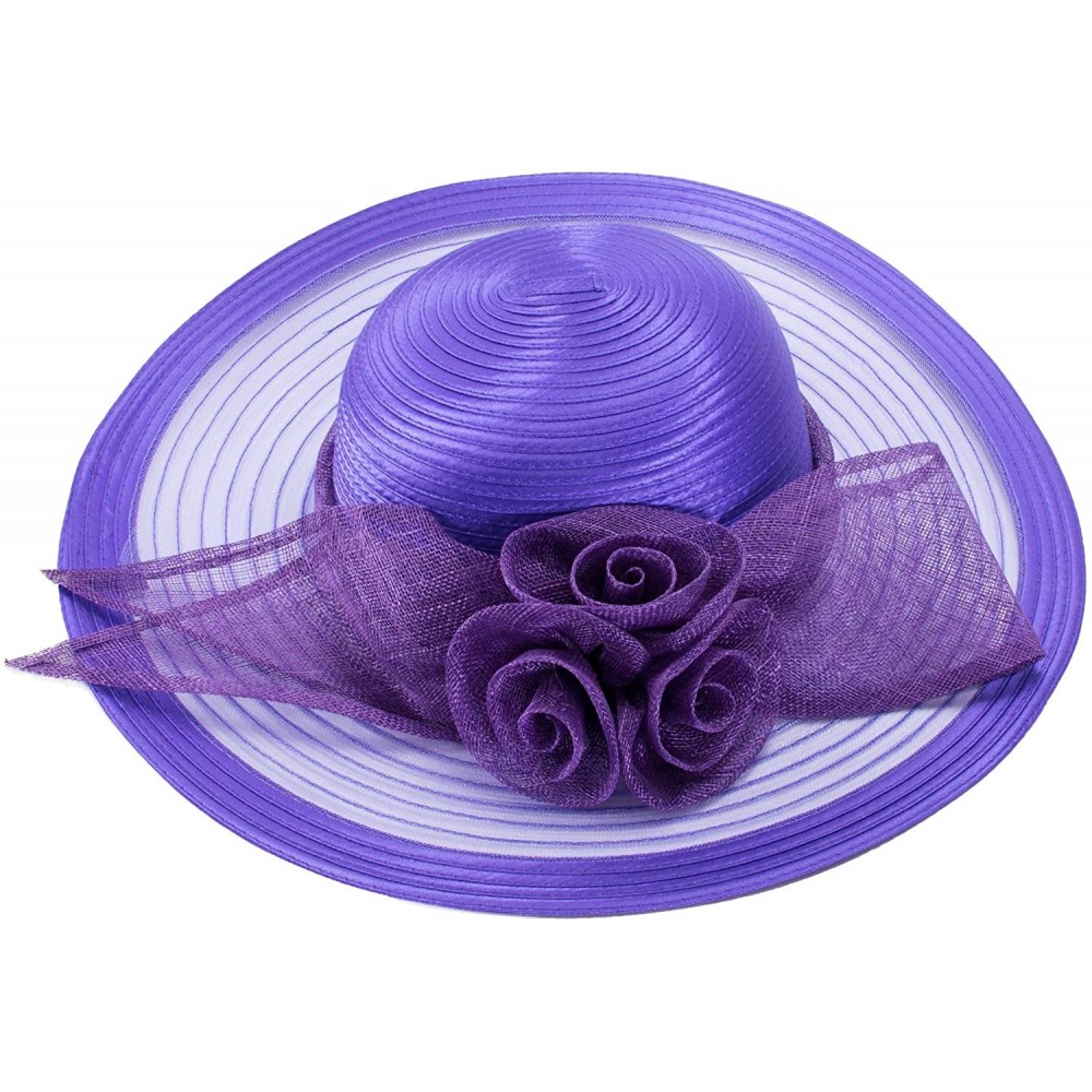 Sun Hats Women Solid Color Sinamay Wide Brim Sun Hat Dress Flower Bow A435 - Purple - CX17Z6KKWD5 $31.60