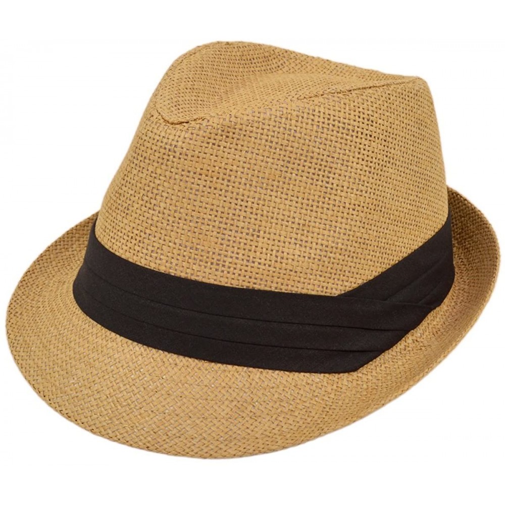 Fedoras Classic Fedora Straw Hat with Black Cotton Band - Diff Colors Avail - Tan - CO11TZFNAVX $8.68