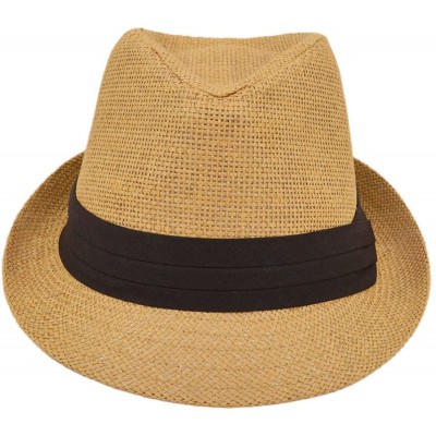 Fedoras Classic Fedora Straw Hat with Black Cotton Band - Diff Colors Avail - Tan - CO11TZFNAVX $8.68