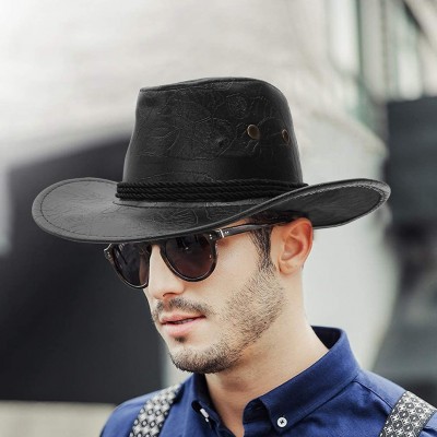 Cowboy Hats Men Women's Western PU Leather Cowboy Hat Wide Brim Outback Hat UV Protection - Black - CY18QSDI4LG $8.70