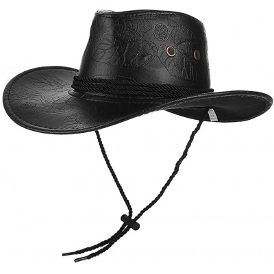 Cowboy Hats Men Women's Western PU Leather Cowboy Hat Wide Brim Outback Hat UV Protection - Black - CY18QSDI4LG $8.70