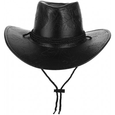 Cowboy Hats Men Women's Western PU Leather Cowboy Hat Wide Brim Outback Hat UV Protection - Black - CY18QSDI4LG $8.70